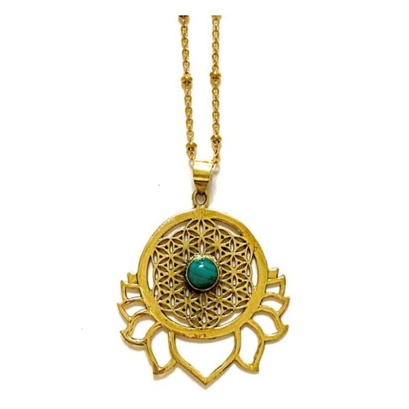 Collana Boho modello Lotus in ottone con turchese